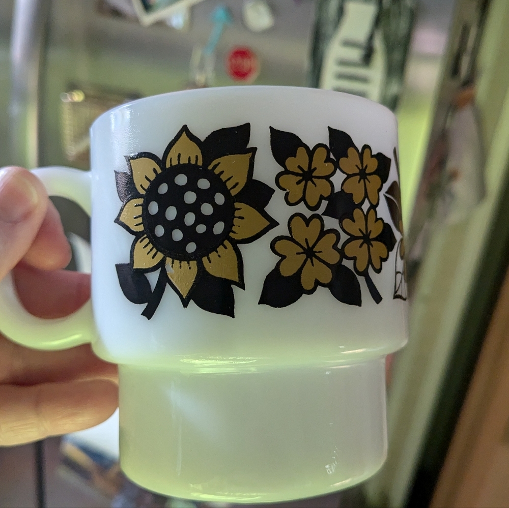 Vintage White Milk Glass Mug  Floral Pattern Stackable MCM Sunflower Mug 8 Ozs